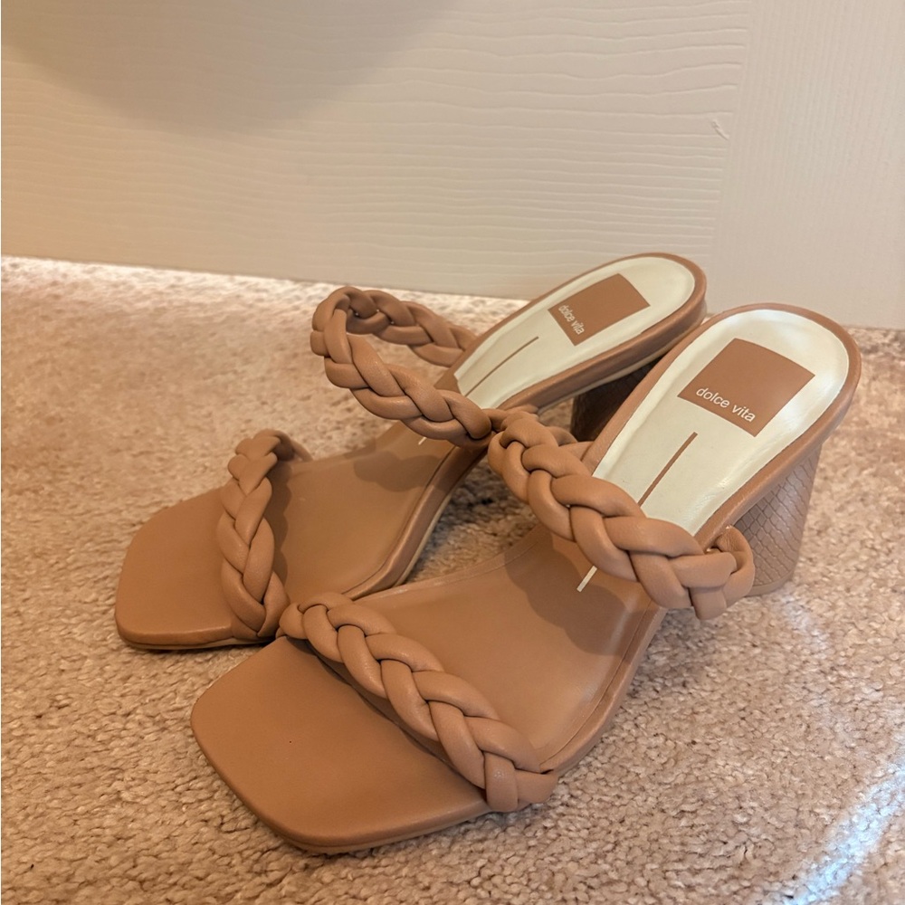 Dolce Vita Tan Braided-Strap Block Heel Mules